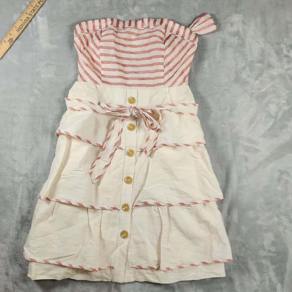 Anthropologie Maeve Sweet Shoppe Linen Red Stripe Tiered Strapless Dress 4 - Picture 2 of 9